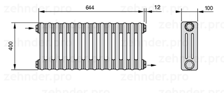 Схема (чертеж) Радиатор Zehnder Charleston 3040/14 №1670 Белый глянцевый RAL 9016
